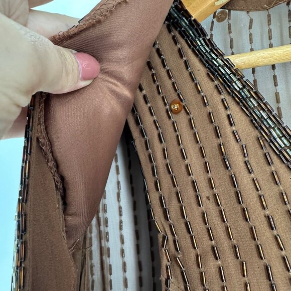 Vintage Nadine Boutique Brown Hand Beaded Sequined Silk Dress & Cardigan Set S - Picture 9 of 12